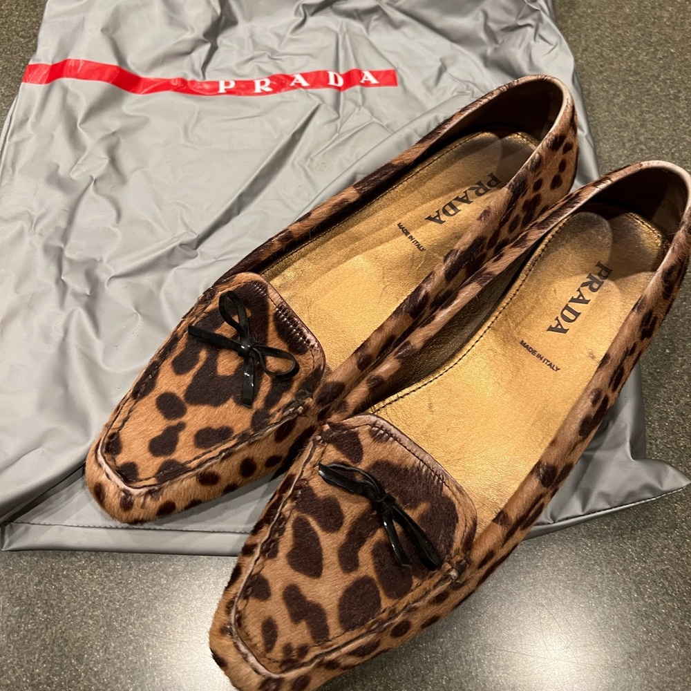 Prada Pony Fur Leopard Loafers Size 38.5